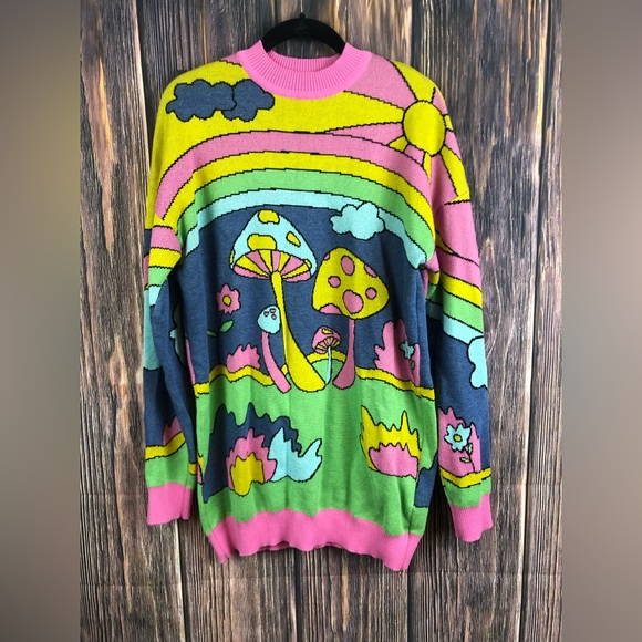 Current Mood Sweaters - Dolls Kill Current Mood Oversized Colorful Mushroom Sweater